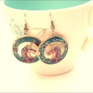 SOLD Vtg 1970s Cloisonne Unicorns Dangle Earrings